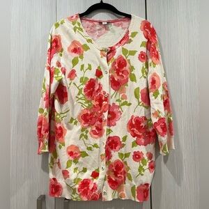 Isaac Mizrahi Live | 3/4 Sleeve Cotton Cardigan | White with Pink & Green Floral